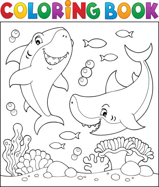 Vector illustration of Coloring book sharks underwater 1