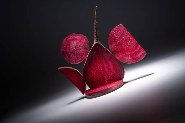 Natural Red Beet Vegetable Composition, vitamins vegan volumetric view front.