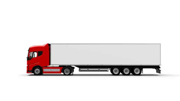 red semi-truck with trailer, profile view, truck of my own generic design, 3d render