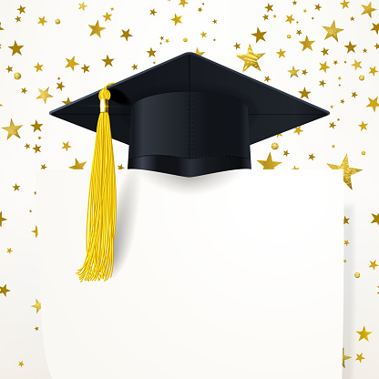 graduate cap with a gold tassel and diploma on the background of gold stars