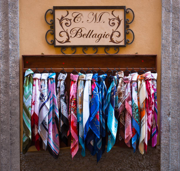 Silk scarves for sale in Bellagio, Como Lake, Italy stock photo