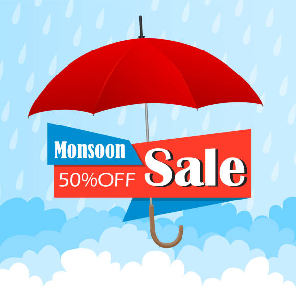 monsoon 50% rabatt verkaufskonzept mit rotem regenschirm. hintergrund, banner, poster mit jahreszeit regentropfen - when it rains it pours stock-grafiken, -clipart, -cartoons und -symbole