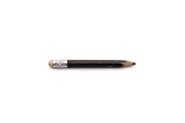 Small used old black pencil with rubber on white background