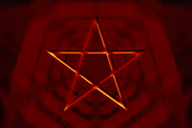 reversed pentagram symbol. wiccan symbols- cross of sulfur. blood red runic spell circle. satanic sign, magic casting ring. pentalpha, pentangle. 3d illustration. - pentangle imagens e fotografias de stock