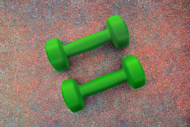 os dumbbells da aptidão wiew superior azul na tampa dos esportes. ilustração 3d. - top wiew - fotografias e filmes do acervo