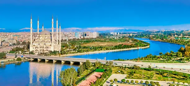 Photo of Seyhan River and Sabancı Mosque in Adana City, Turkey