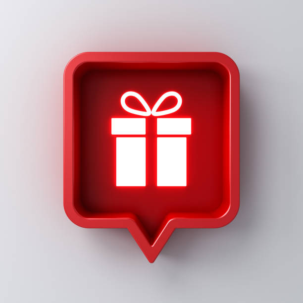 Neon light gift icon in red social media notification speech bubble box pin isolated on dark white wall background with shadow