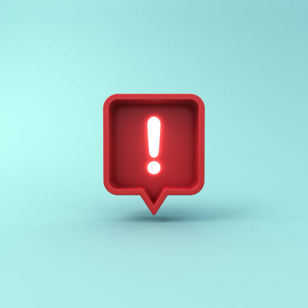 istock 3d social media notification neon light Exclamation mark icon in red rounded square pin isolated on blue pastel color background with shadow 1164889801