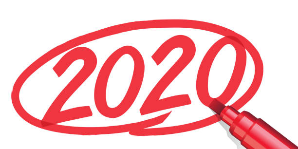 2020 surrounded with a red marker The year 2020 written by hand and surrounded by a red circle with a felt or marker, on a background of blan paper calendar date circled stock illustrations