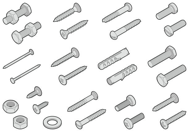 ilustraciones, imágenes clip art, dibujos animados e iconos de stock de colección de tornillos - wall anchor