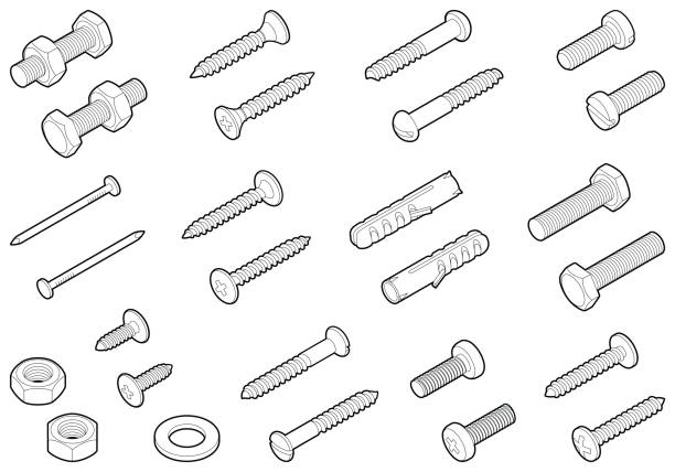 ilustraciones, imágenes clip art, dibujos animados e iconos de stock de colección de tornillos - single line metal industry construction