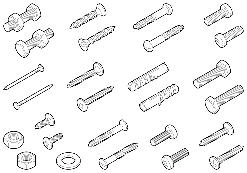 Screws / nuts / nails and wall plugs collection - vector isometric outline illustration