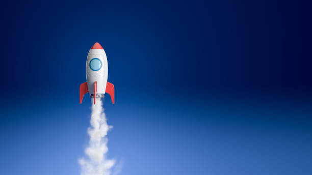 vol de vaisseau spatial de dessin animé dans le bleu - rocket taking off spaceship space photos et images de collection