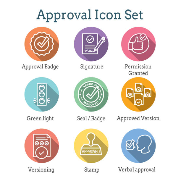 Approval and Signature Icon Set with Stamp & version icons Approval & Signature Icon Set with Stamp and version icons tick off stock illustrations