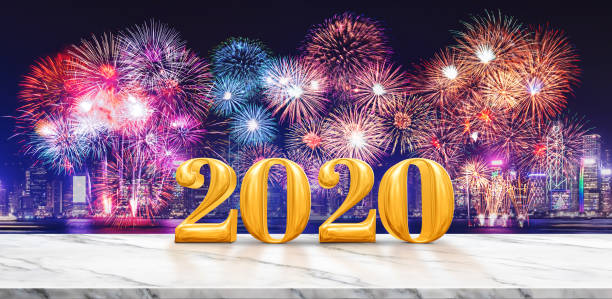 istock Happy new year 2020 (3d rendering) fireworks over cityscape at night with empty white marble table,Banner mock up template for display or montage of product for holiday promotion advertising. 1164897028