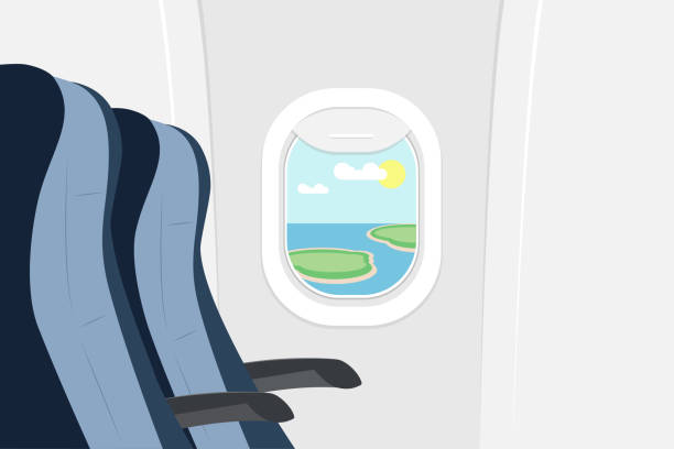 Passenger seats and porthole with a landscape Passenger seats and porthole with a landscape. View from the airplane window. Armchairs and Illuminati in the plane. Passenger space in the plane. Vector illustration. airplane seat stock illustrations