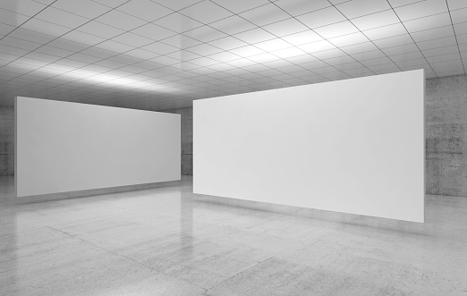 Abstract empty minimalist interior, white stands installation is in exhibition gallery room with walls made of polished concrete and shiny ceiling. 3d illustration