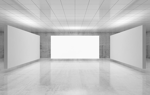 Abstract empty interior design, three white stands installation is in exhibition gallery with walls made of polished concrete. Front view. Contemporary architecture. 3d illustration