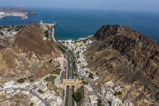 High angle view of two lanes of Al Bahri road in Old Muscat, Oman