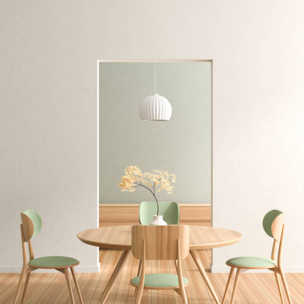 istock Spacious modern dining room with wooden chairs and table.  Minimalist dining room design. 3D illustration. 1164902611