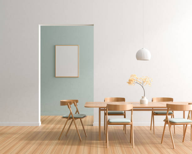 istock Mock up poster frame in spacious modern dining room with wooden chairs and table.  Minimalist dining room design. 3D illustration. 1164902920