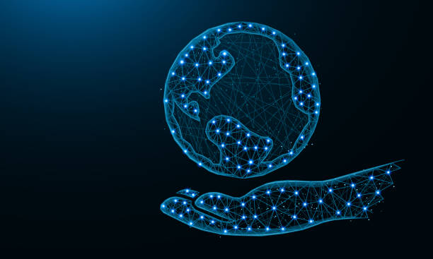 istock Hand and Earth low poly design, save the planet in polygonal style, nature and ecology of the earth wire frame vector illustration made from points and lines on dark blue background 1164903242