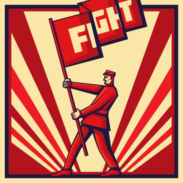 illustrations, cliparts, dessins animés et icônes de homme de cru de vecteur retenant la bannière de propagande - red flag flag sports flag sports and fitness
