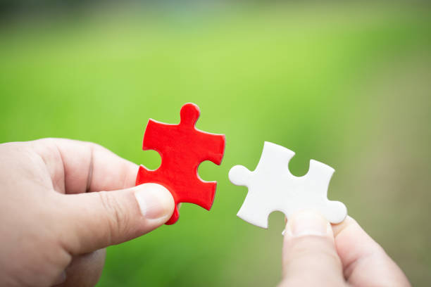 istock Hand connect white and red jigsaw parts with word problem & solution.   symbol of association and connection. business strategy. Teamwork concept. 1164905873