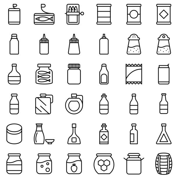 ilustrações, clipart, desenhos animados e ícones de ícone do recipiente de alimento processado definir esboço design vector. editable curso - drink carton