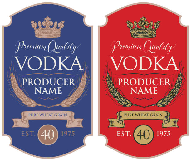 illustrazioni stock, clip art, cartoni animati e icone di tendenza di etichette per vodka con spighe di grano e corona - vodka