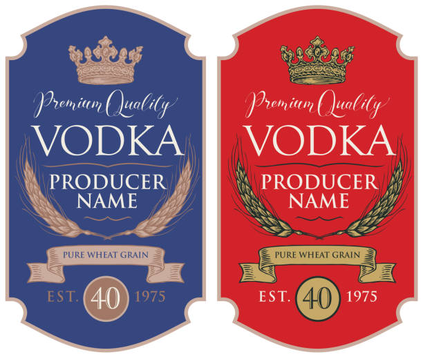 Labels for vodka with ears of wheat and crown Set of two vector labels for vodka in the figured frame with crown, ears of wheat, ribbon and inscriptions in retro style. Premium quality, pure wheat grain gin label stock illustrations
