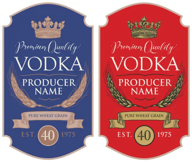 Vector illustration of Labels for vodka with ears of wheat and crown