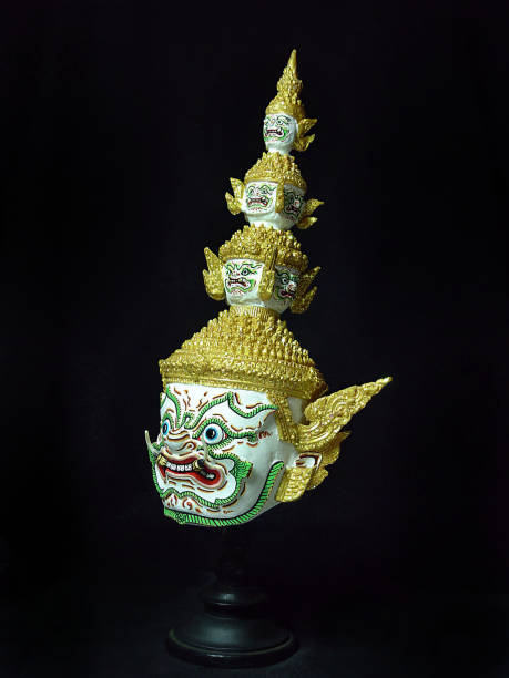 A model of thai actor's Khon mask on black background.(Thai traditional dance) Use in khon thai classical style of ramayana story. stock photo