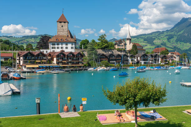 vista sulla piscina all'aperto fino al castello spiez di spiez - switzerland lake thun people spiez foto e immagini stock