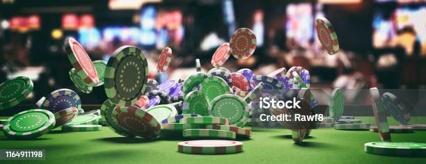 Poker Chips Falling On Green Felt Roulette Table Blur Casino Interior Background 3d Illustration Stock Photo - Download Image Now