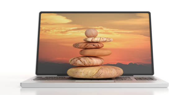 istock Zen stones on a computer isolated on white background. 3d illustration 1164911209