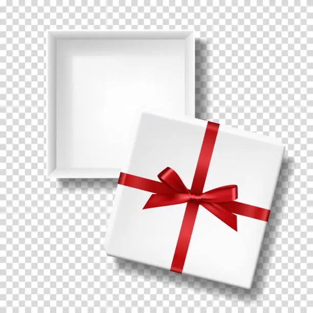 Vector illustration of Realistic white box with red bow and ribbon, blank box template with separate lid, isolated.