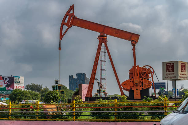 Oil pumping units ONGC at Visat Circle , Visat Gandhinagar Junction near Chandkheda Amdavad stock photo