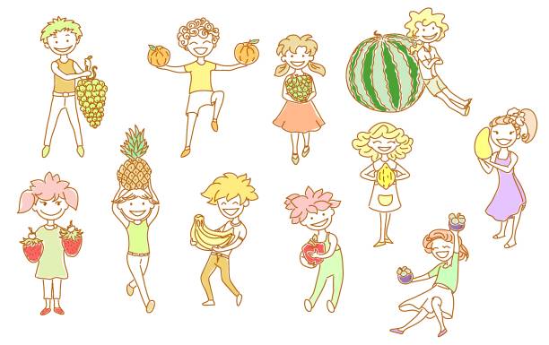 illustrazioni stock, clip art, cartoni animati e icone di tendenza di set di bambini divertenti con un gran friut in mano. concetto di alimentazione sana. - heat beautiful joy happiness