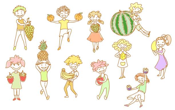 ilustrações de stock, clip art, desenhos animados e ícones de set of funny children with big friut in hands. healthy eating concept. - heat beautiful joy happiness