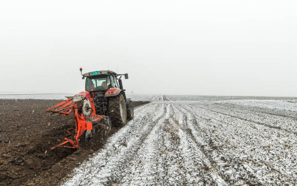 istock Tractor plowing a field in winter 1164913120