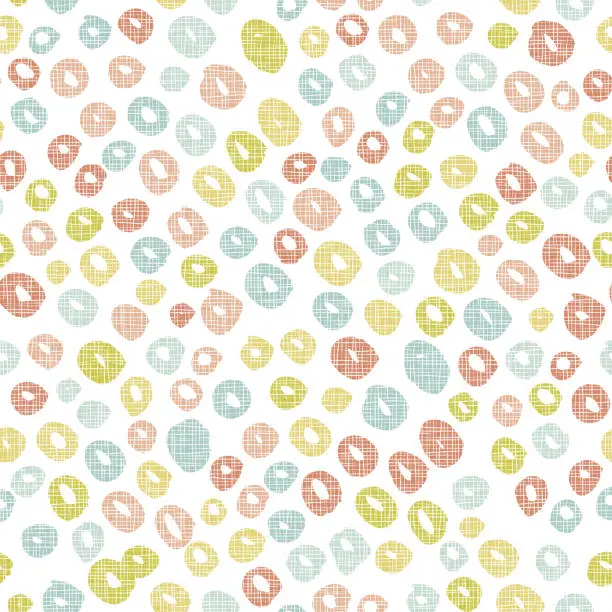 Vector illustration of colorful dots seamless pattern, handdrawn circles with linen texture grunge effect background. Great for folk modern wallpaper, backgrounds, invitations, packaging design. Surface pattern design