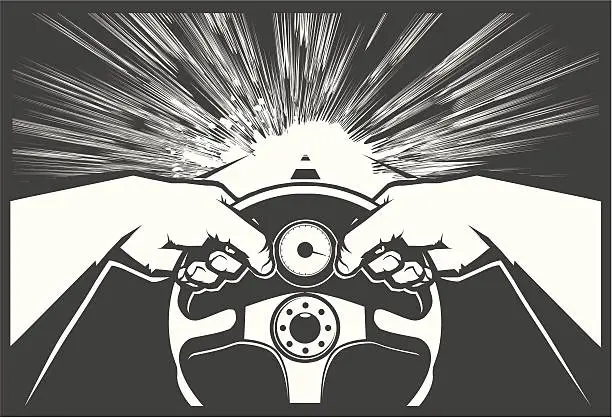 Vector illustration of Black and white vector image of hands driving