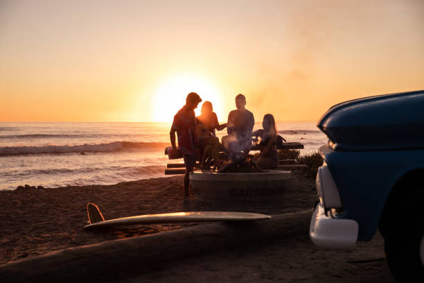 Family party on the beach in California at sunset Family party on the beach in California at sunset family bbq beach stock pictures, royalty-free photos & images