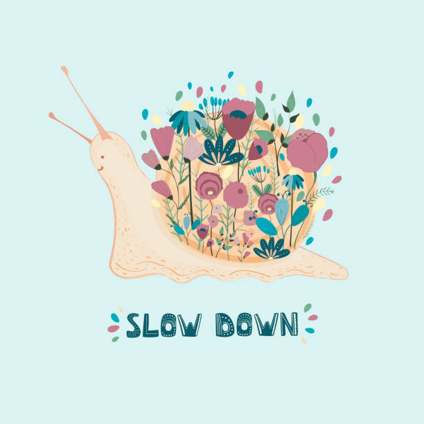 istock Snail on hand drawn with flowers. Slow down handwritten lettering. Cute snail with a bouquet for a poster, postcards, t-shirt. Flowers and leaves composition. Cute cartoon whale with flowers. Vector 1164915133