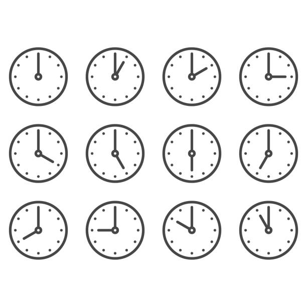 ilustraciones, imágenes clip art, dibujos animados e iconos de stock de conjunto de relojes de pared para cada hora - longitud descripción física