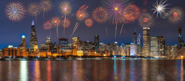 Multicolor Firework Celebration over the Panorama of Chicago Cityscape river side along Lake Michigan at beautiful twilight time, Illinois, United States, 4th of July and Independence day concept Multicolor Firework Celebration over the Panorama of Chicago Cityscape river side along Lake Michigan at beautiful twilight time, Illinois, United States, 4th of July and Independence day concept grant park stock pictures, royalty-free photos & images
