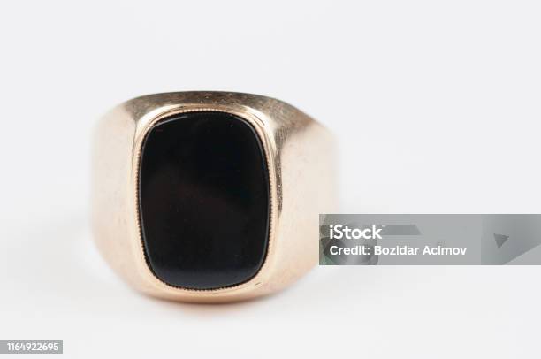 Male Golden Ring With Black Stone Isolated On A White Background Stock Photo - Download Image Now