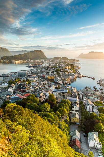 Cityscape of Alesund city at sunset, Norway, Beautiful sunset landscape. Cityscape of Alesund town at sunset, Norway more og romsdal county stock pictures, royalty-free photos & images
