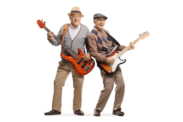 istock Two cheerful senior men playing electric guitars 1164923788